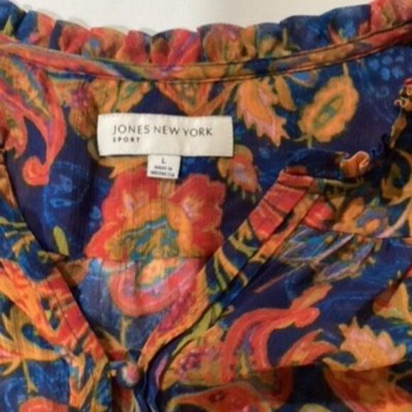 Jones New York Paisley Button Up Shirt Sz L Vibrant Blue Orange - Picture 2 of 8